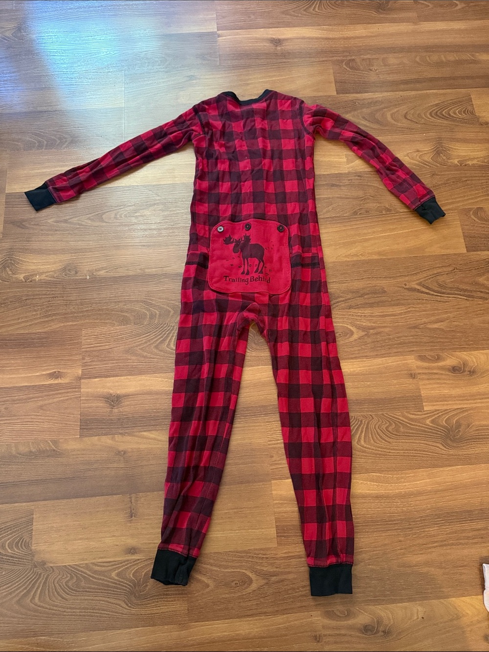 Kids Red and Black Buffalo Plaid One-Piece Footie Pajamas with Moose Flap